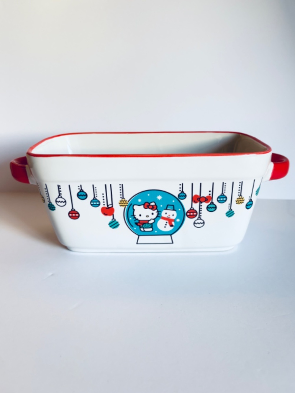Hello Kitty Christmas Loaf Baking Pan Ceramic 9"x5" Sanrio Let it Snow Ornaments